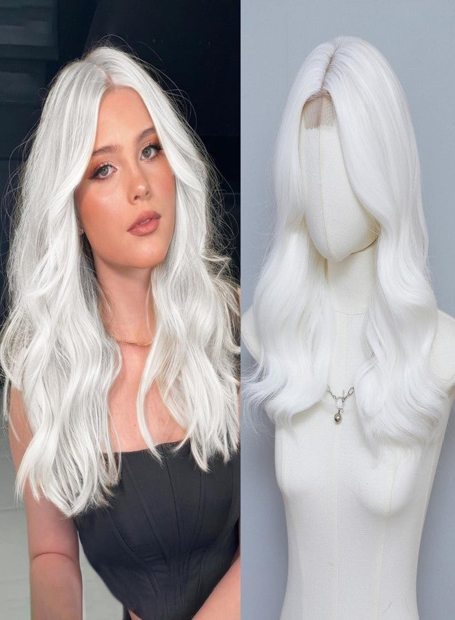 MORICA White Wigs for Women 18 Inch Middle Part Medium Length Short Curly Wavy Wigs,Natural Synthetic Hair Womens Wigs for Daily Party/Halloween Use（18inch，White） - Image 1